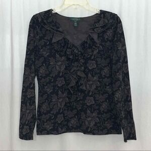 LRL Lauren Ralph Lauren Women's Floral Ruffle Blouse Size PM Gray Petite Medium